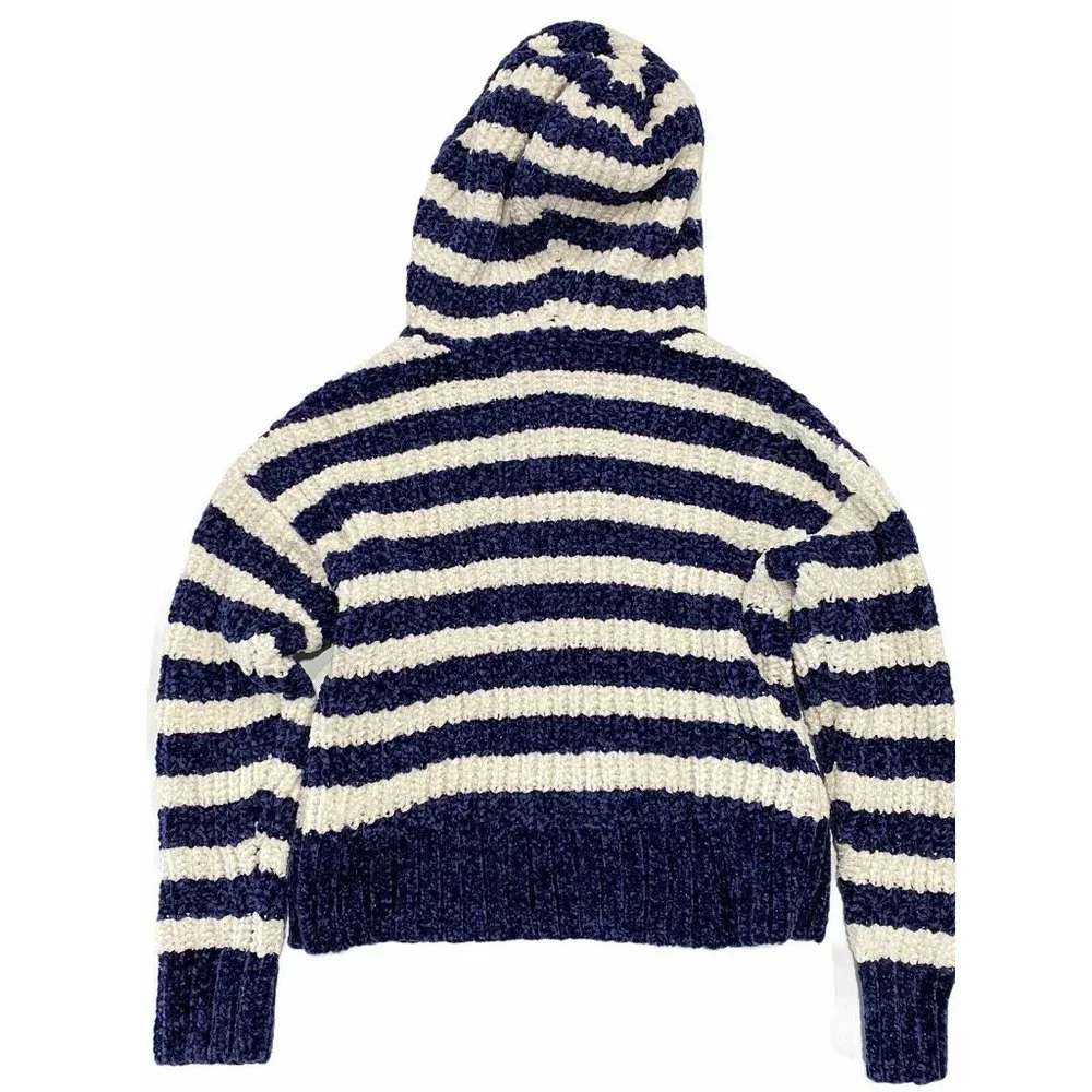 NWT JUSTICE Girls Sweater Hoodie Sz 7 Blue Ivory Stripes Pull-Over Stretch #0467